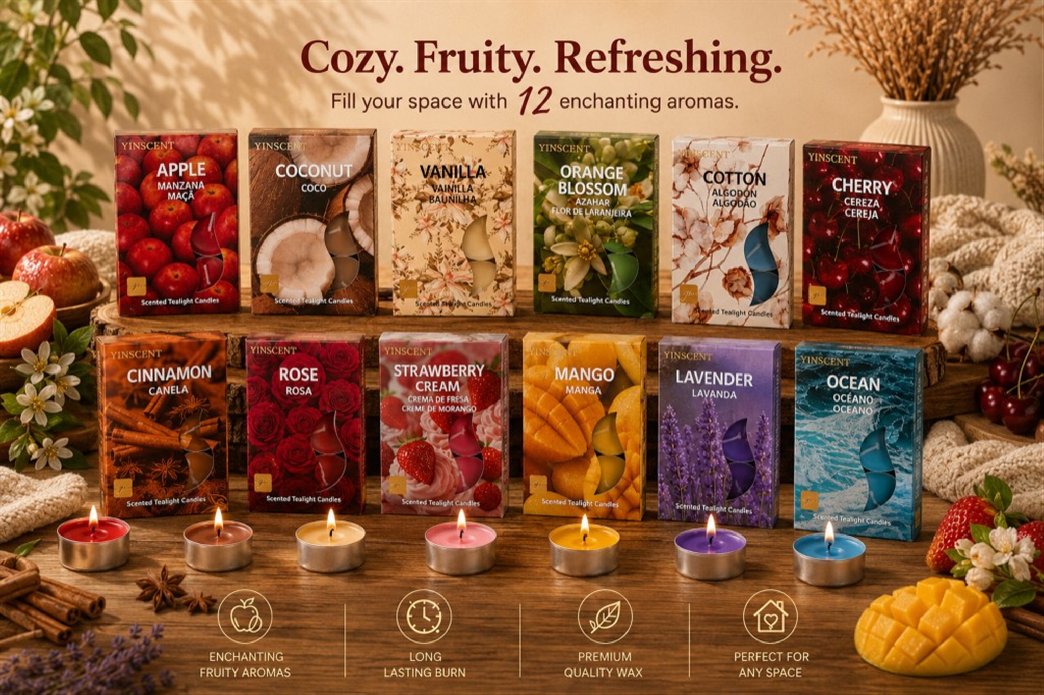 YINSCENT — 12 scented tealight candles. Cozy, fruity, refreshing.